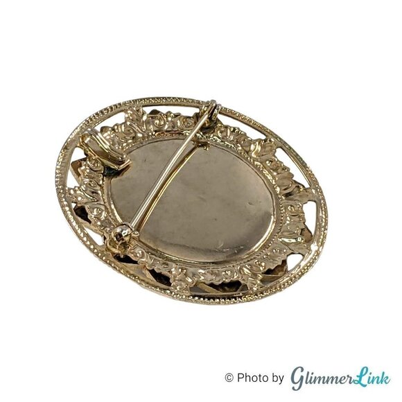 Vintage Ornate Round Blue White Fleurs de Lis Gold Tone Brooch Pin - Picture 7 of 8